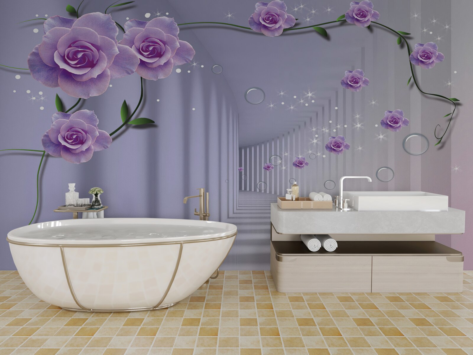 Фотошпалери в тунелі розпускаються ніжні блакитні бутони квітів