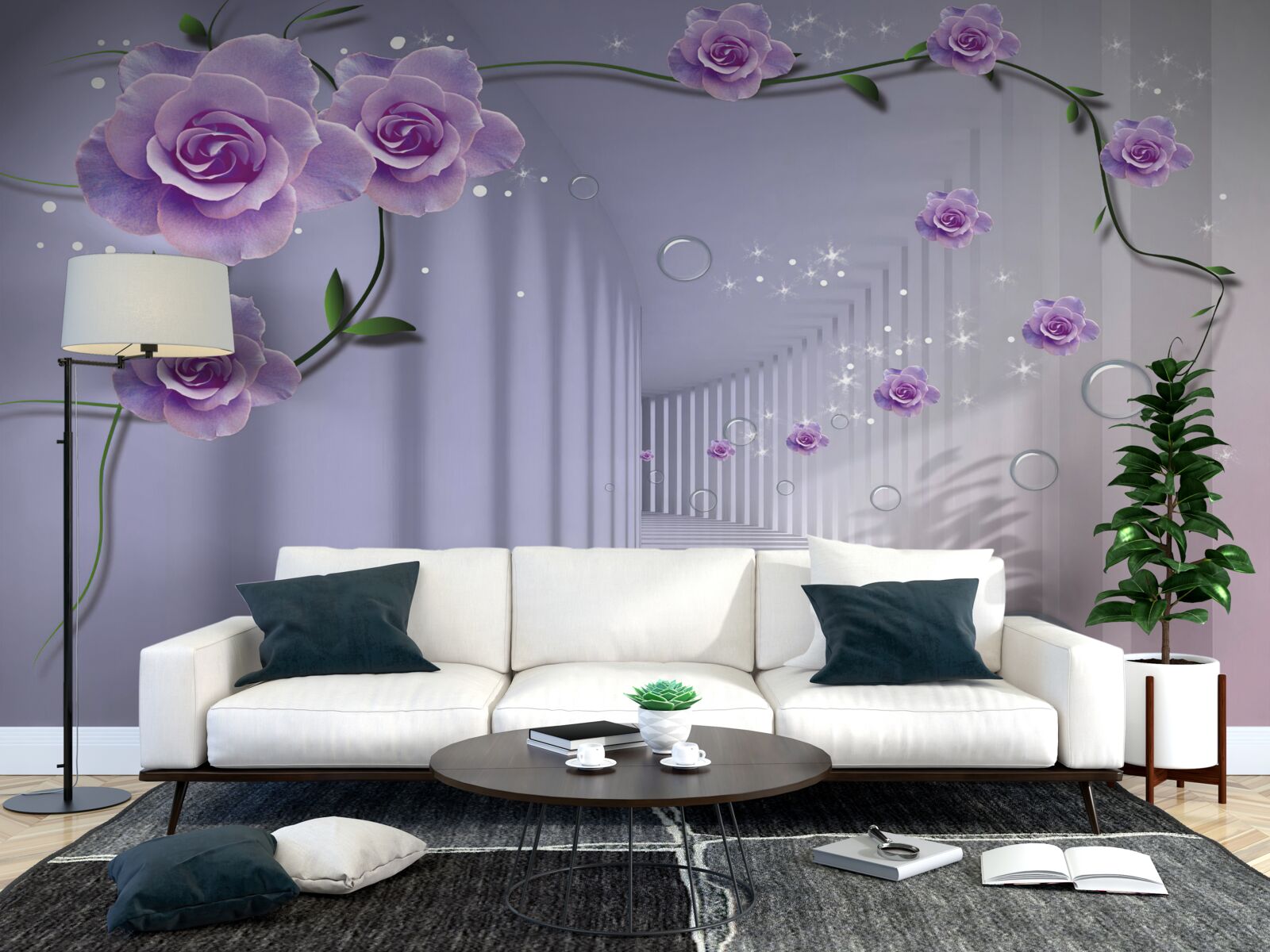 Фотошпалери в тунелі розпускаються ніжні блакитні бутони квітів