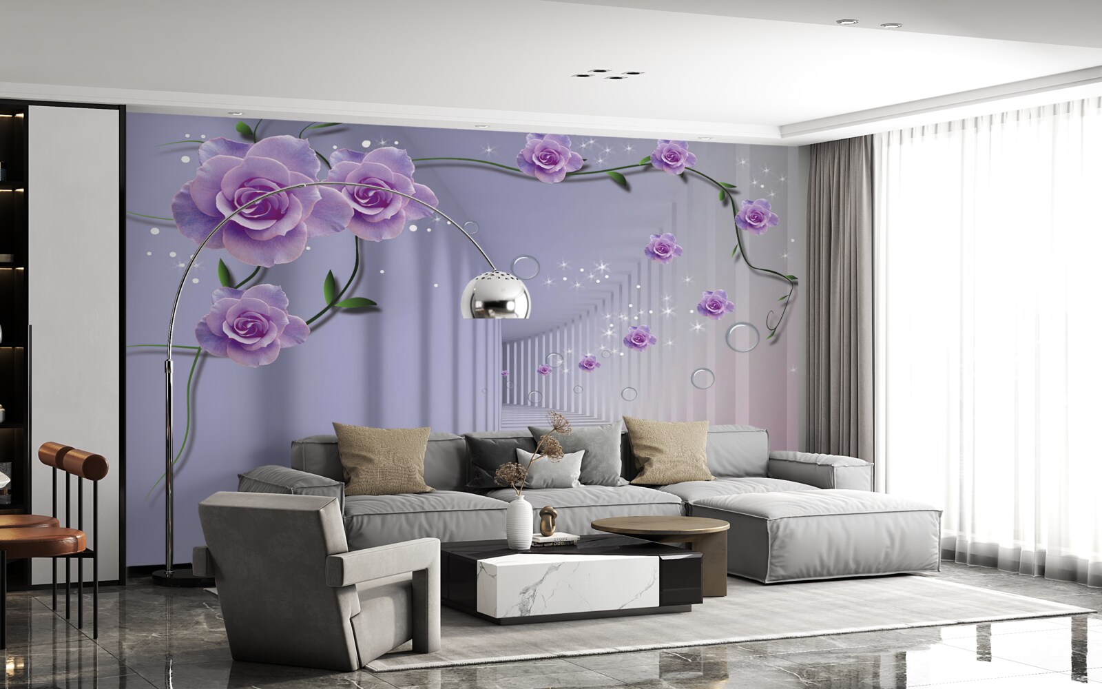 Фотошпалери в тунелі розпускаються ніжні блакитні бутони квітів