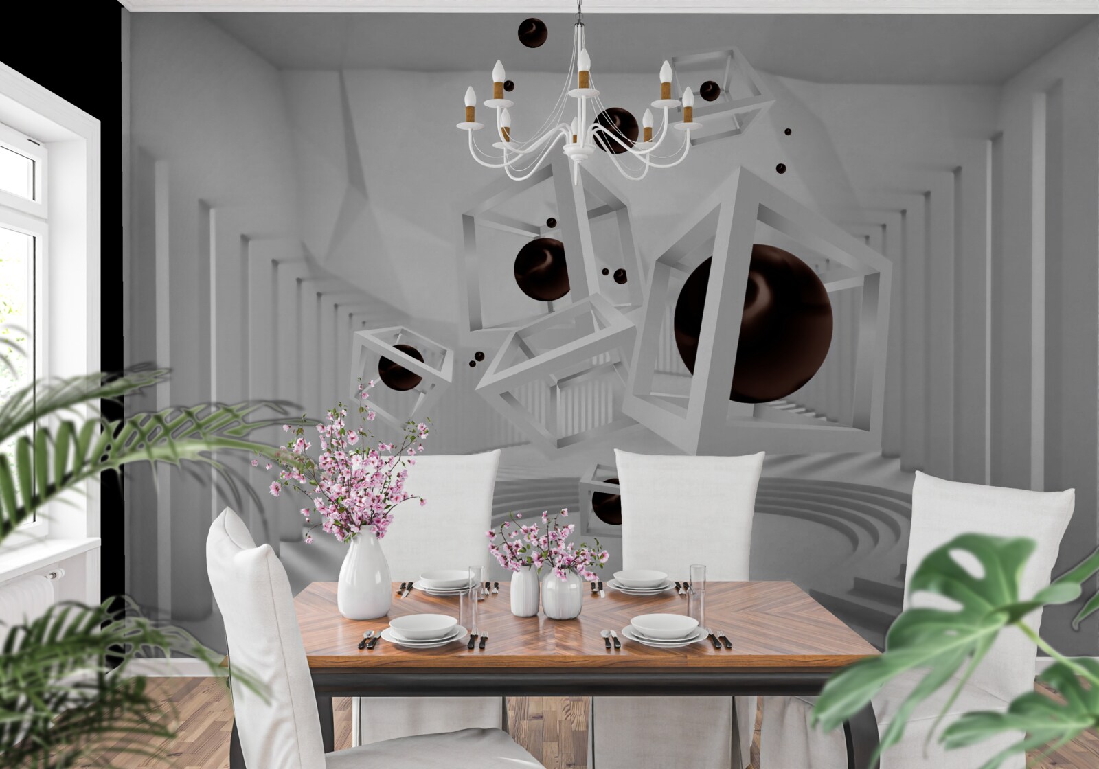 Фотошпалери великі чорні сфери, оточені білими рамками