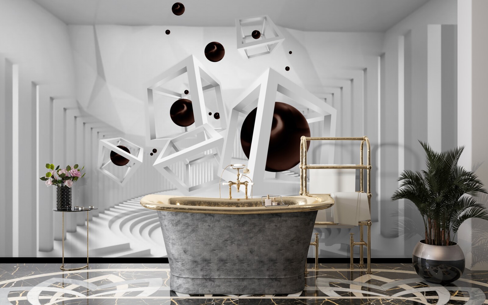 Фотошпалери великі чорні сфери, оточені білими рамками