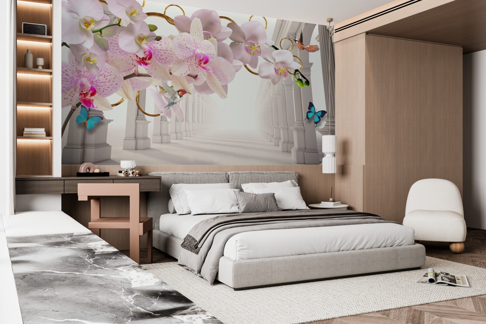 Фотошпалери білі арки прикрашені орхідеями та метеликами