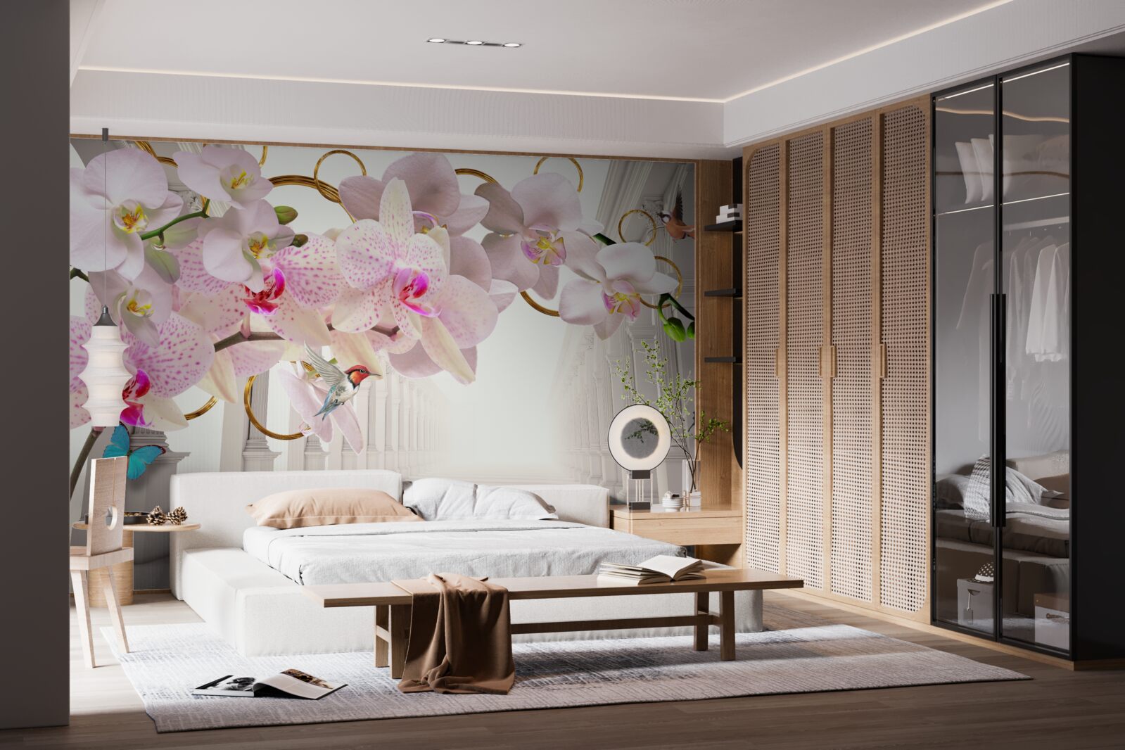 Фотошпалери білі арки прикрашені орхідеями та метеликами