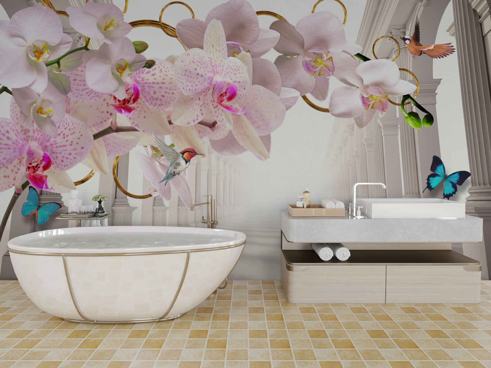 Фотошпалери білі арки прикрашені орхідеями та метеликами