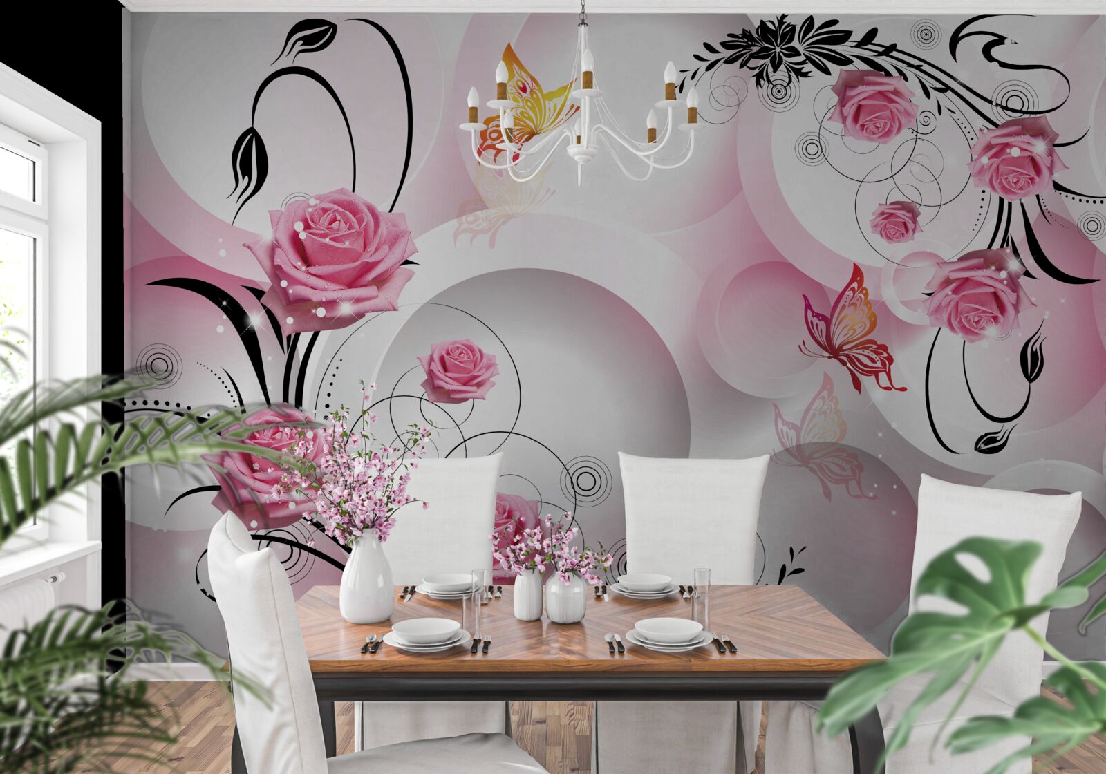 Фотошпалери рожевий дизайн бутона з чорними гілками