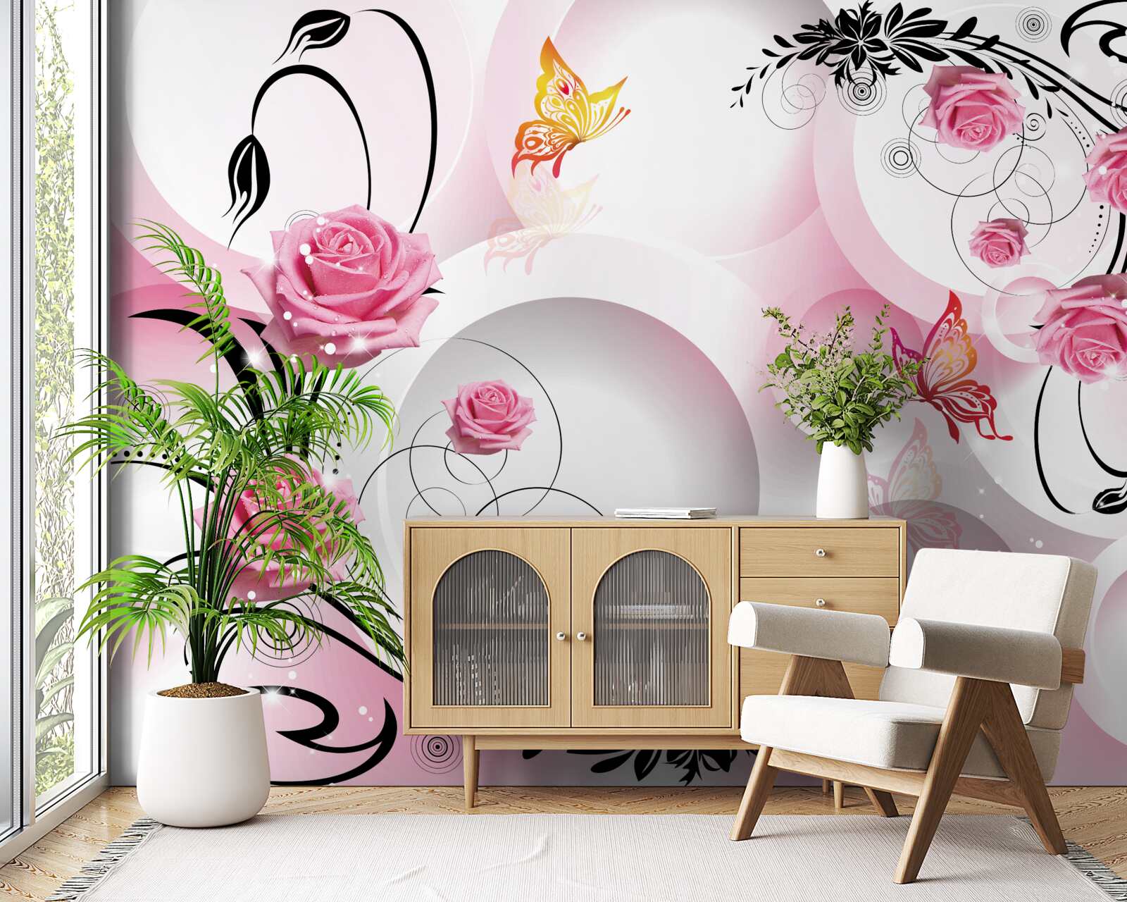 Фотошпалери рожевий дизайн бутона з чорними гілками