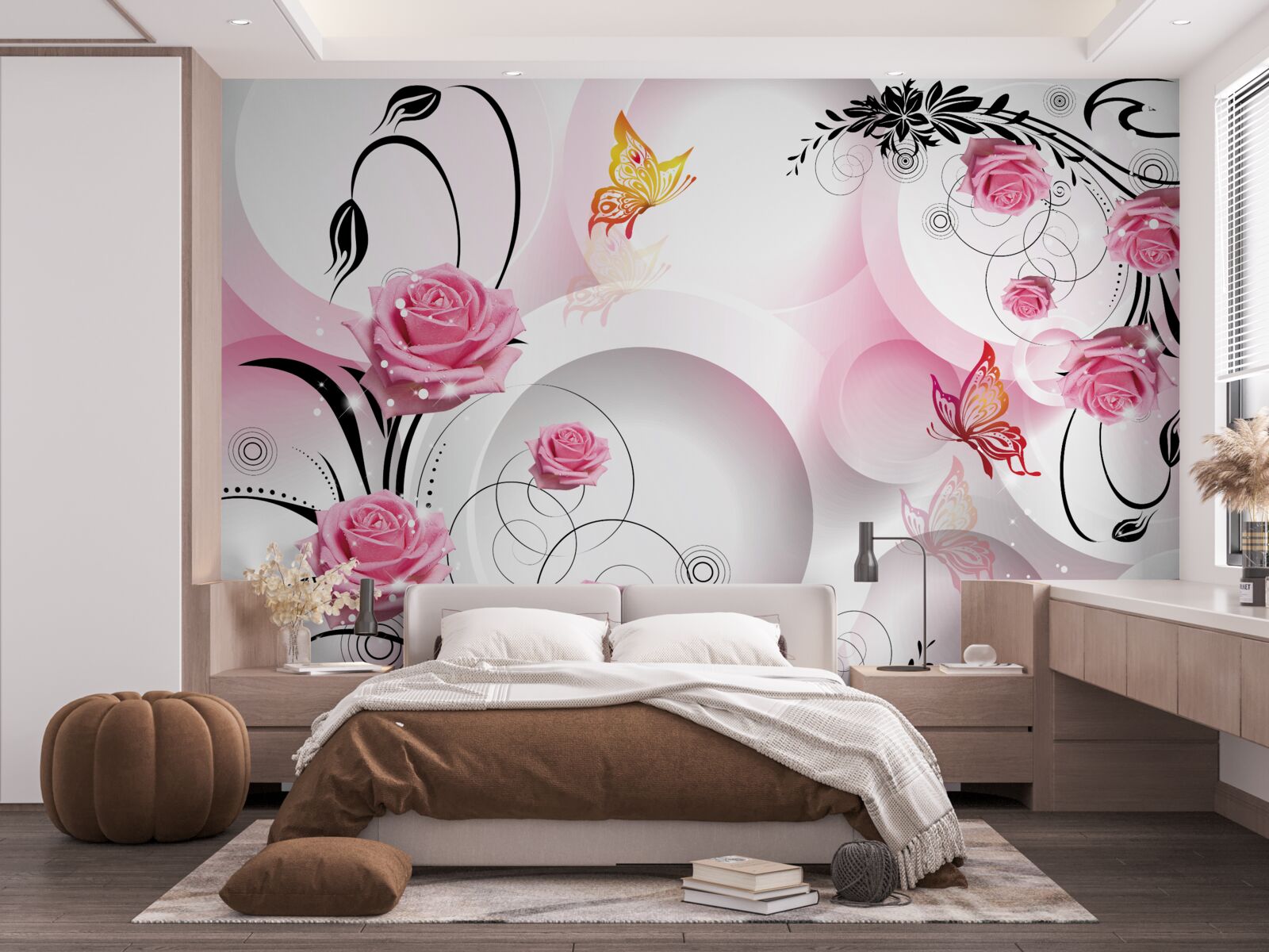 Фотошпалери рожевий дизайн бутона з чорними гілками