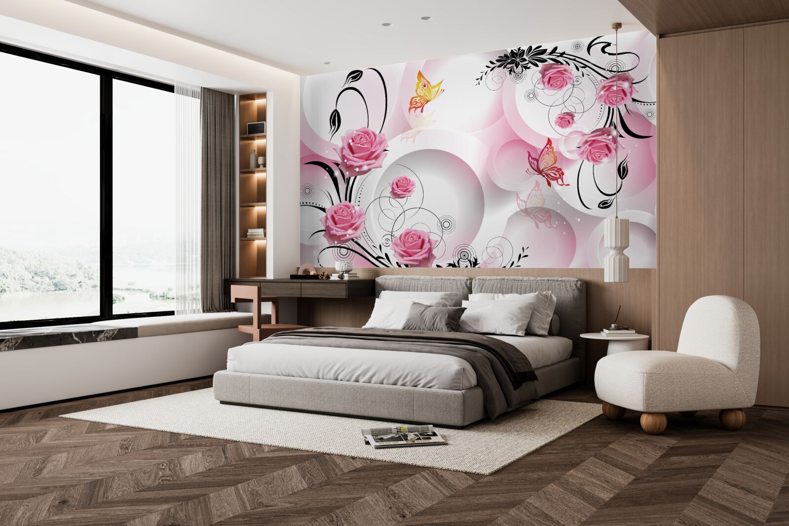 Фотошпалери рожевий дизайн бутона з чорними гілками