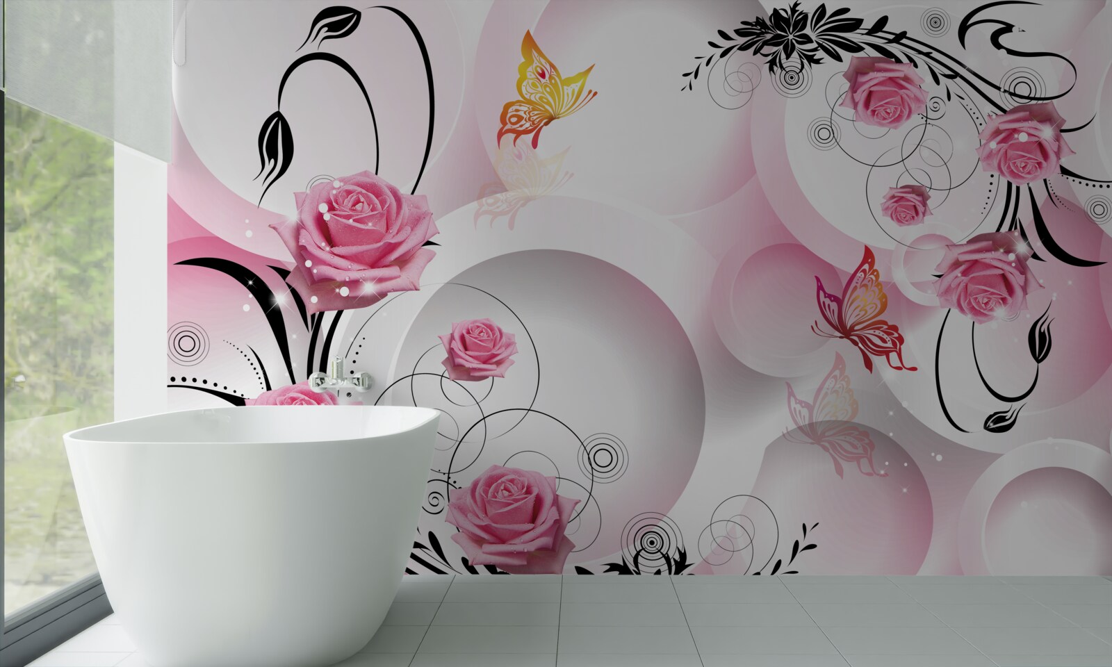 Фотошпалери рожевий дизайн бутона з чорними гілками