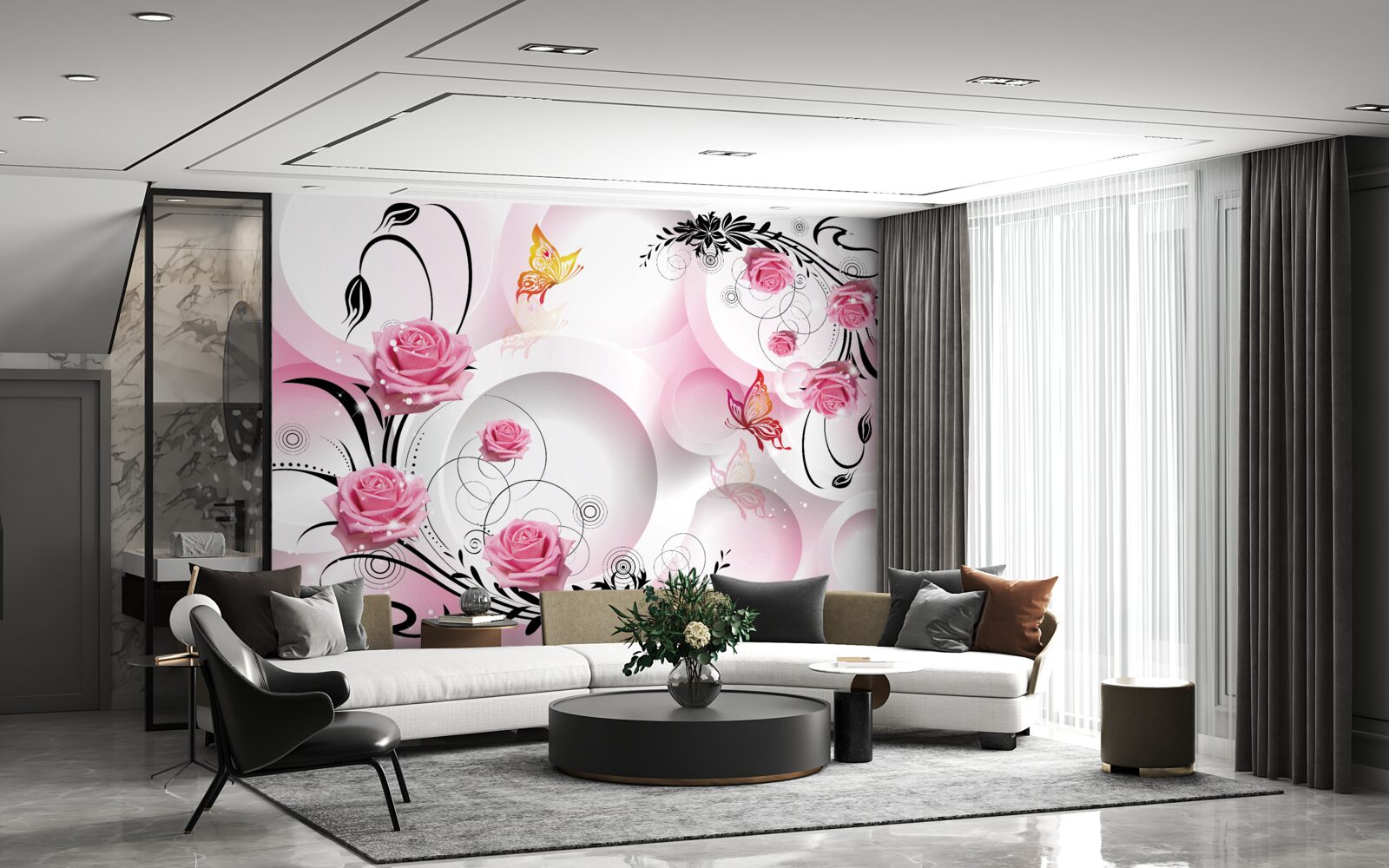 Фотошпалери рожевий дизайн бутона з чорними гілками