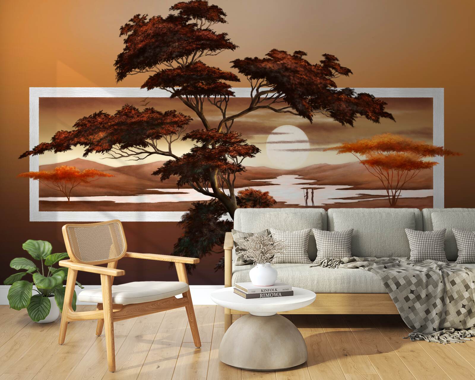 Фотошпалери сонце сідає над бонсаєм