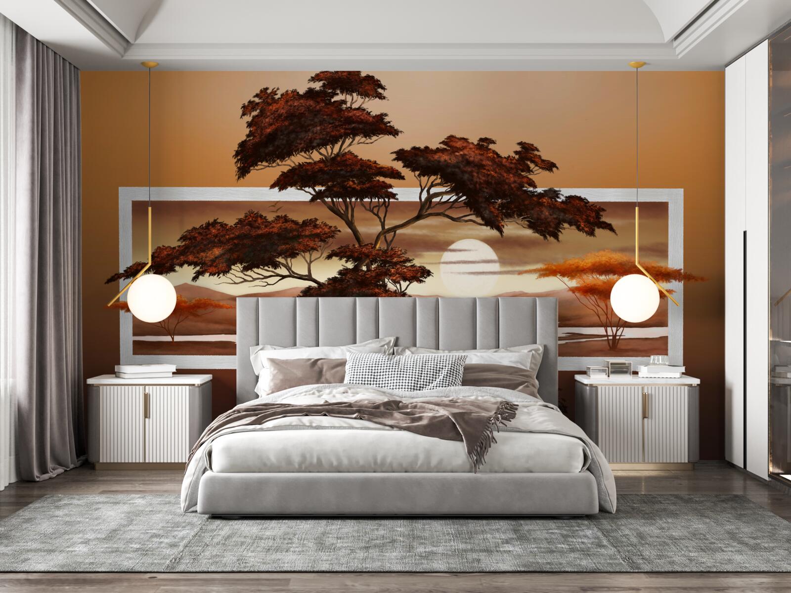 Фотошпалери сонце сідає над бонсаєм