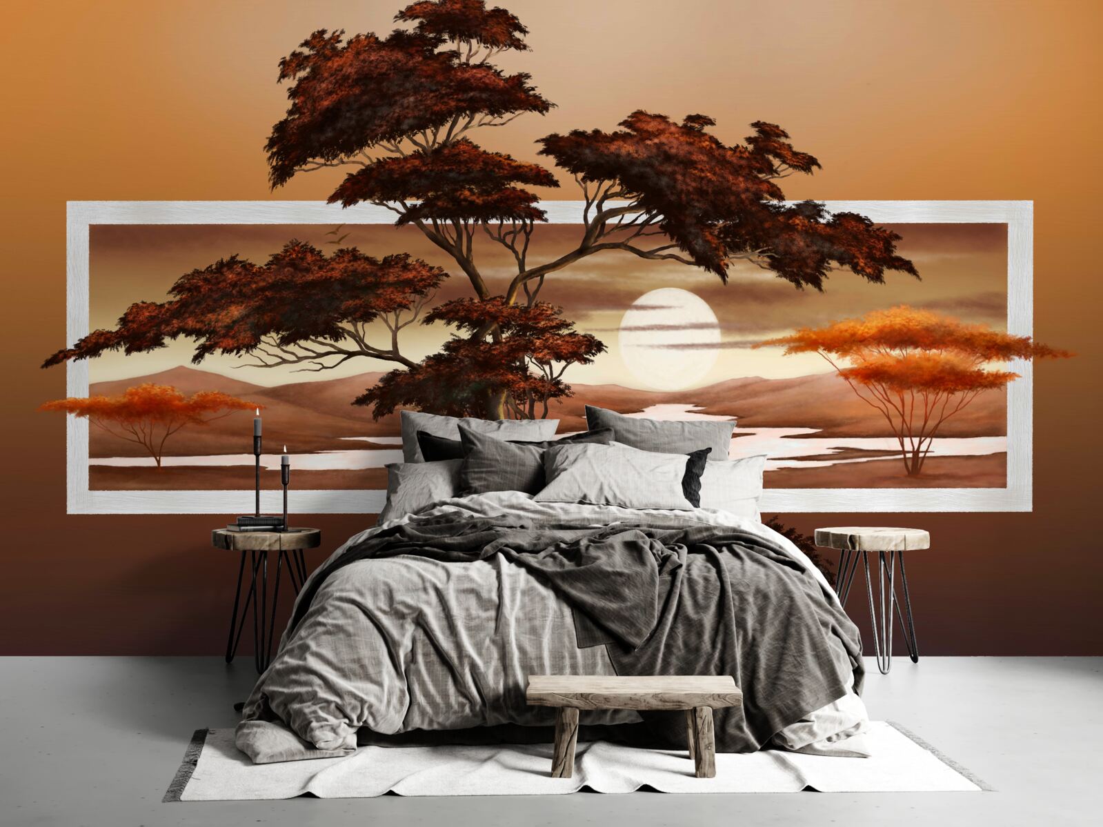 Фотошпалери сонце сідає над бонсаєм