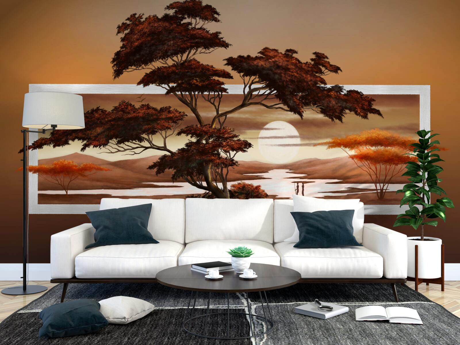 Фотошпалери сонце сідає над бонсаєм