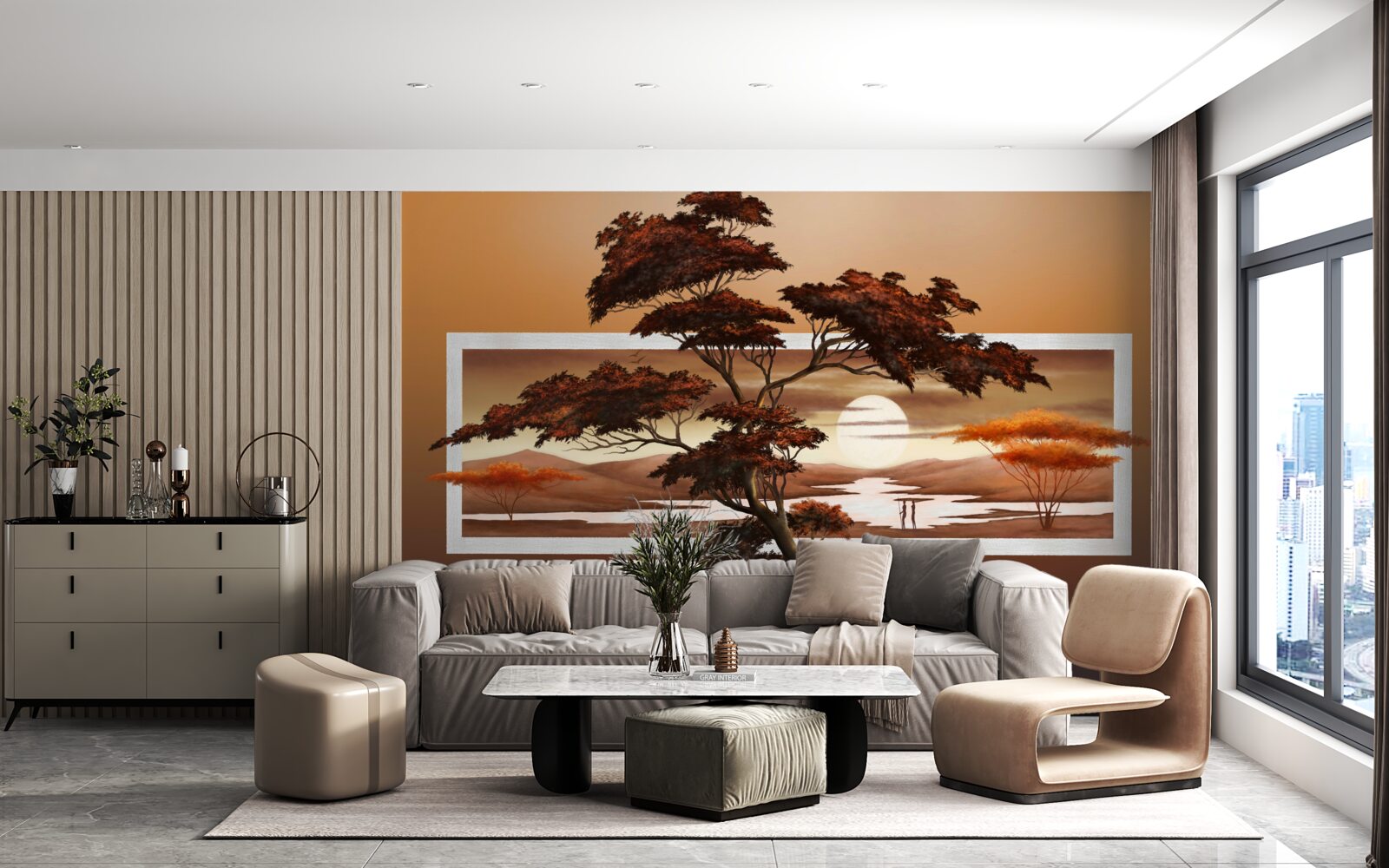 Фотошпалери сонце сідає над бонсаєм