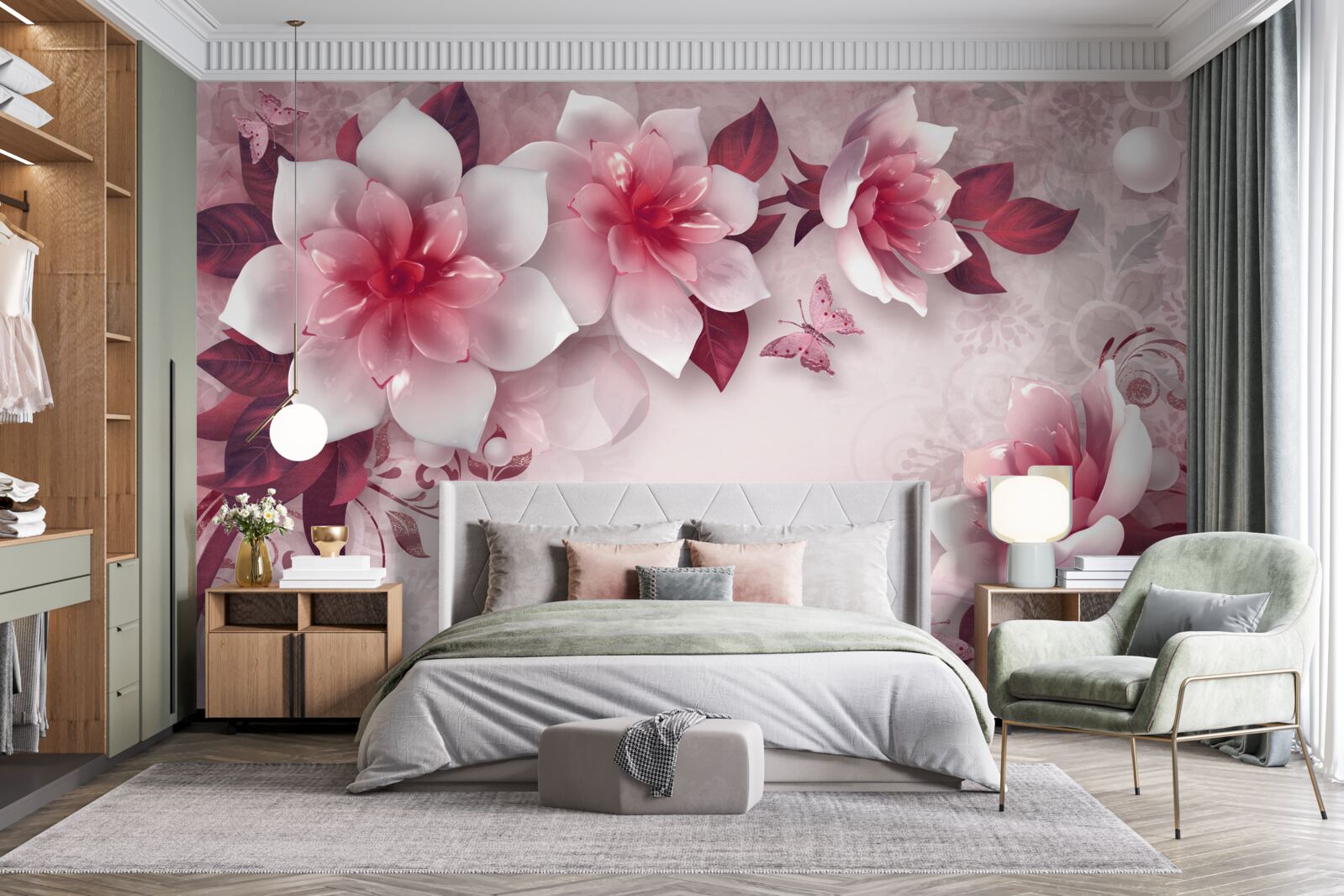 Фотошпалери лотоси білосніжного кольору з красивою червоною серединкою