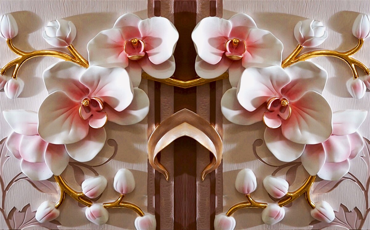 Фотошпалери білі орхідеї ніжно виділяються на тлі золота гілок