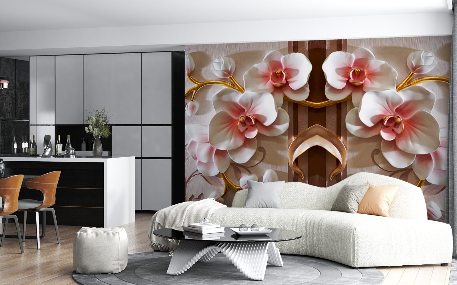 Фотошпалери білі орхідеї ніжно виділяються на тлі золота гілок