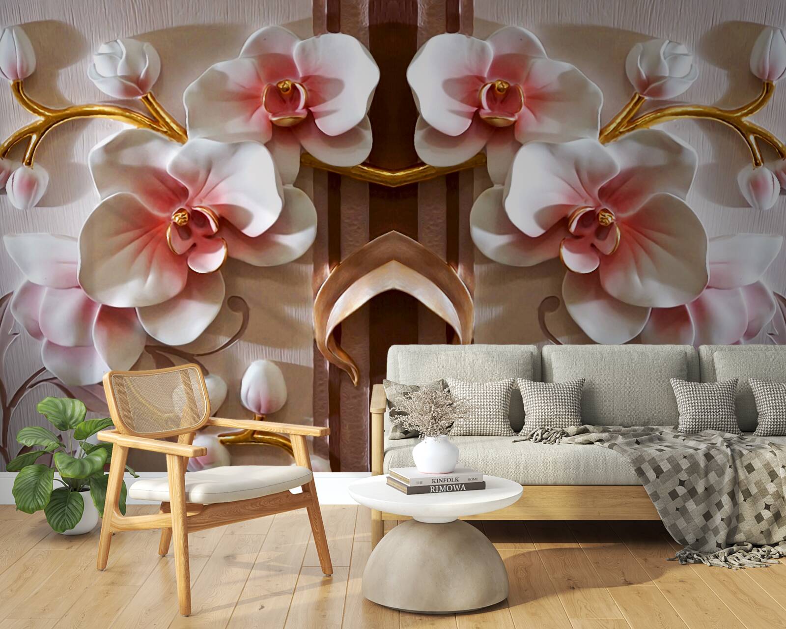 Фотошпалери білі орхідеї ніжно виділяються на тлі золота гілок