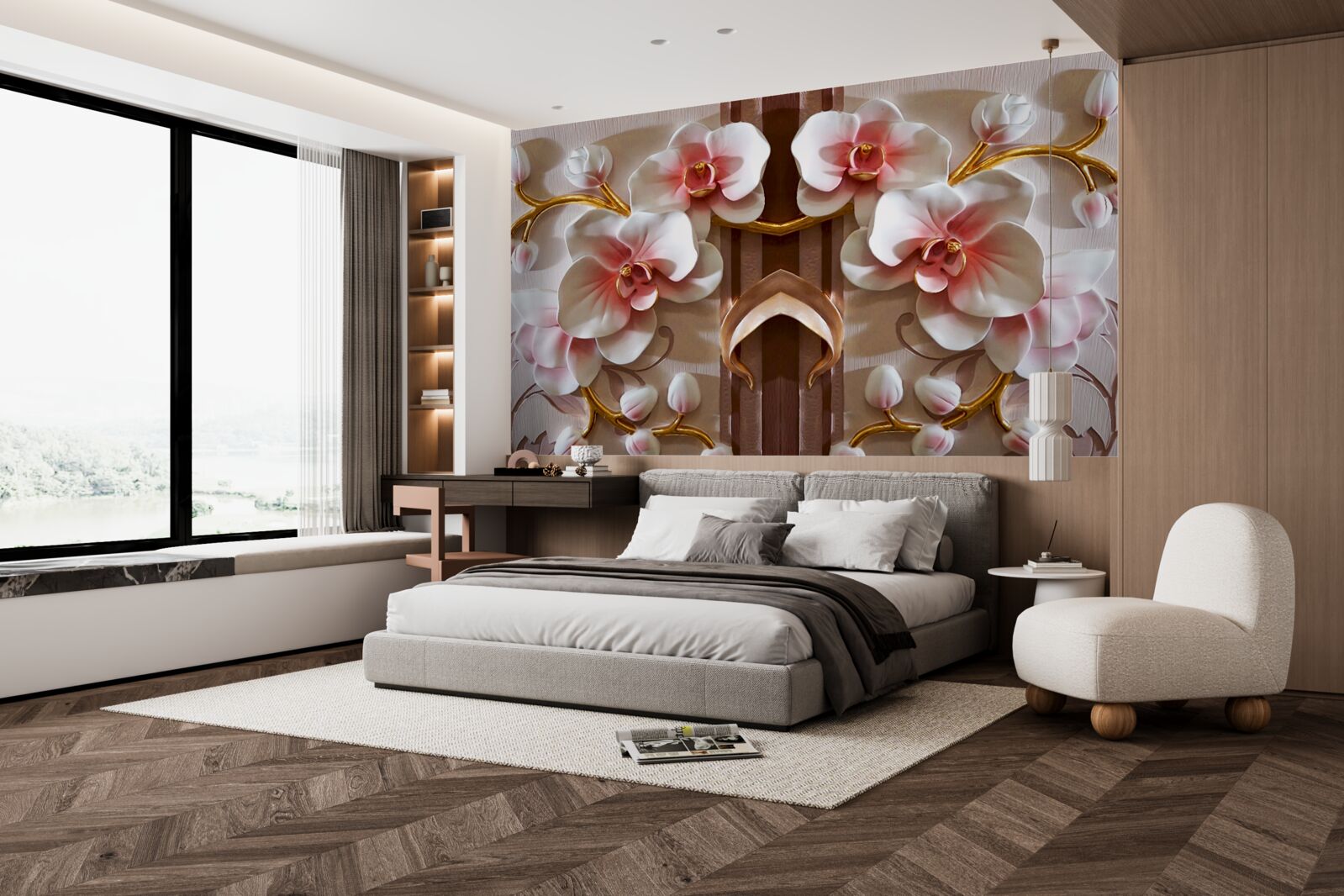 Фотошпалери білі орхідеї ніжно виділяються на тлі золота гілок