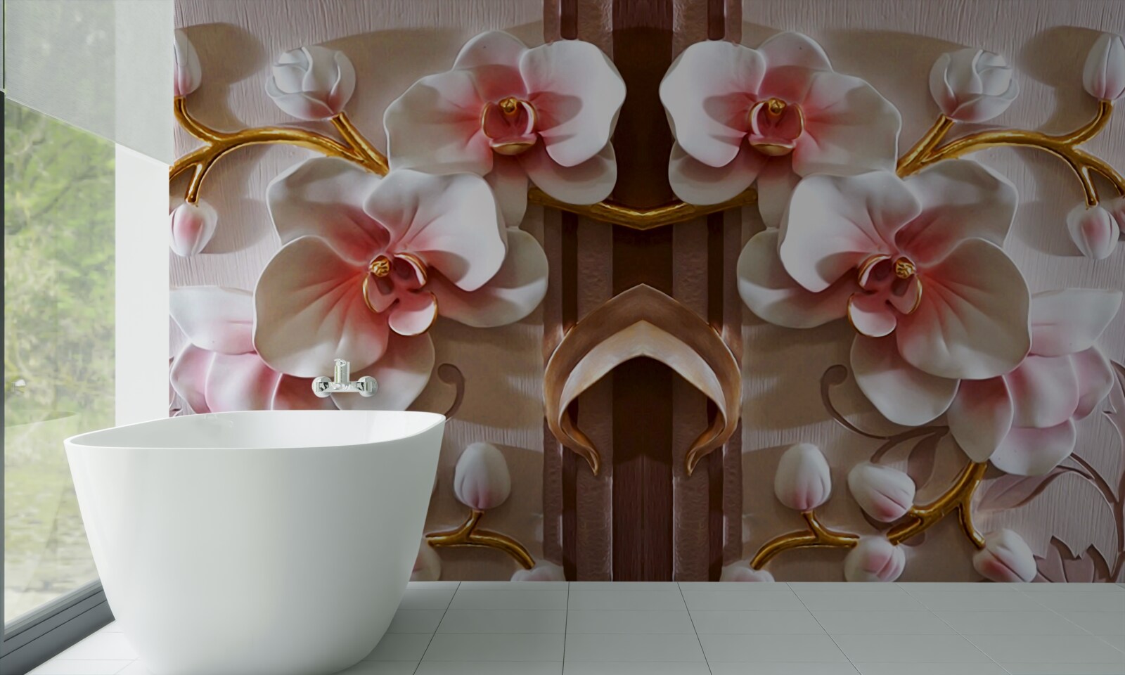 Фотошпалери білі орхідеї ніжно виділяються на тлі золота гілок