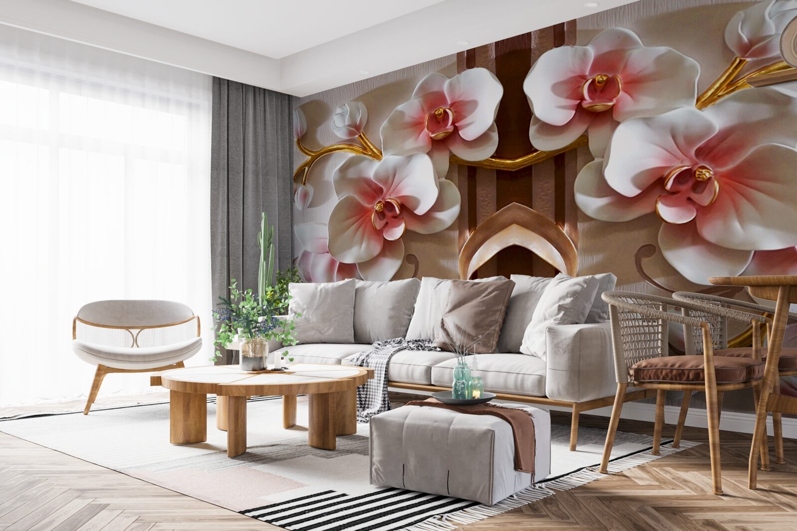 Фотошпалери білі орхідеї ніжно виділяються на тлі золота гілок