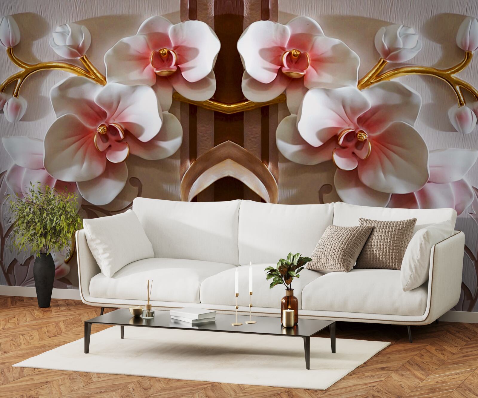 Фотошпалери білі орхідеї ніжно виділяються на тлі золота гілок