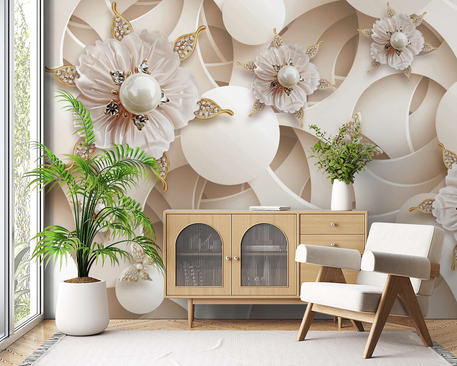 Фотошпалери перлинно-білі бутони з білими перлинами