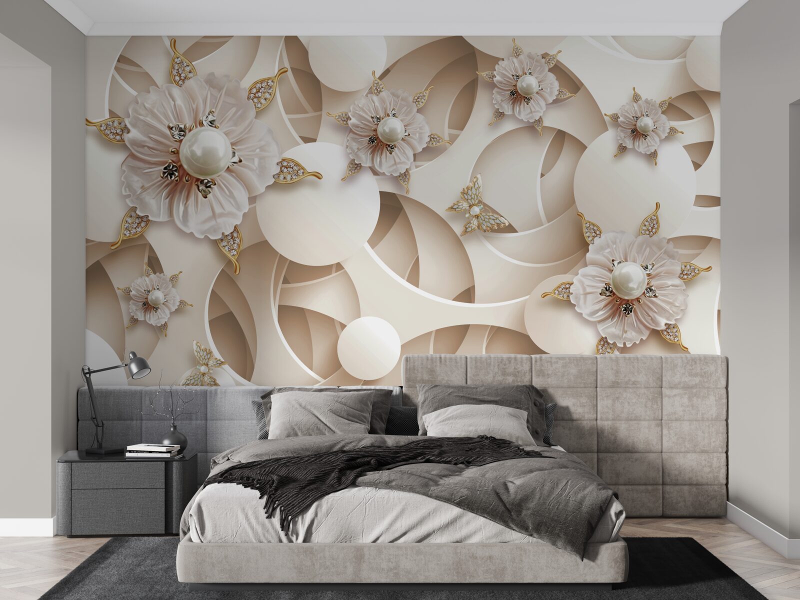 Фотошпалери перлинно-білі бутони з білими перлинами