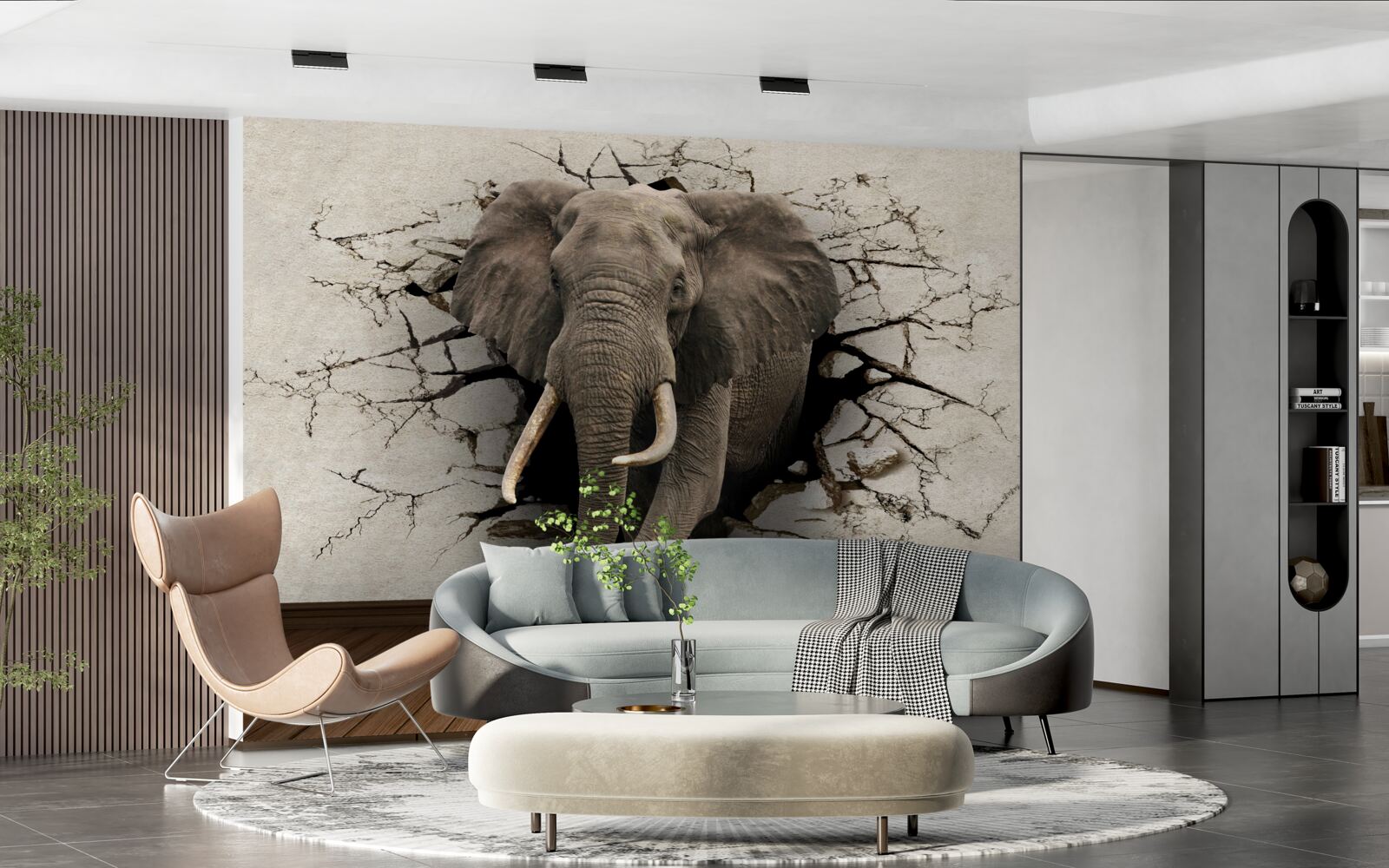 Фотошпалери сильний слон руйнує сірий бар'єр