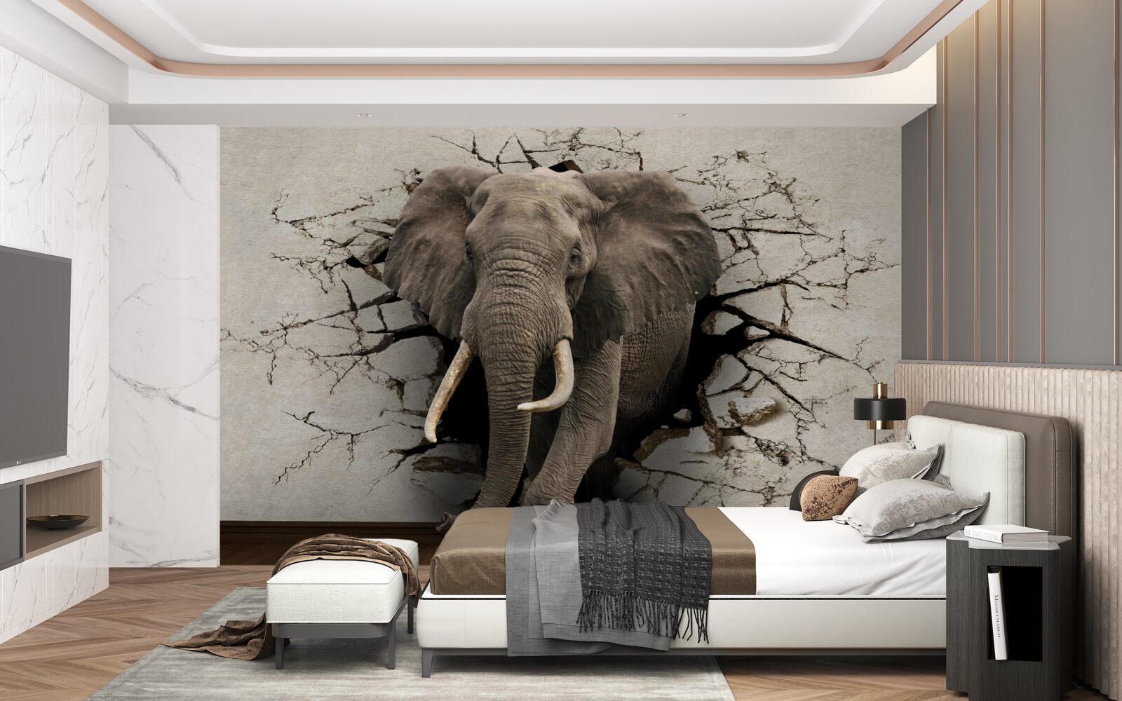 Фотошпалери сильний слон руйнує сірий бар'єр