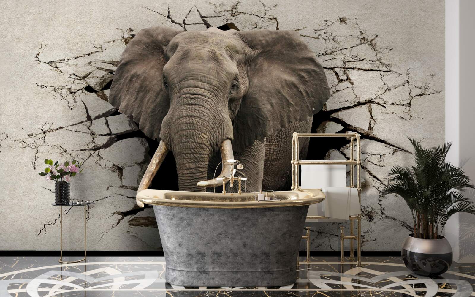 Фотошпалери сильний слон руйнує сірий бар'єр