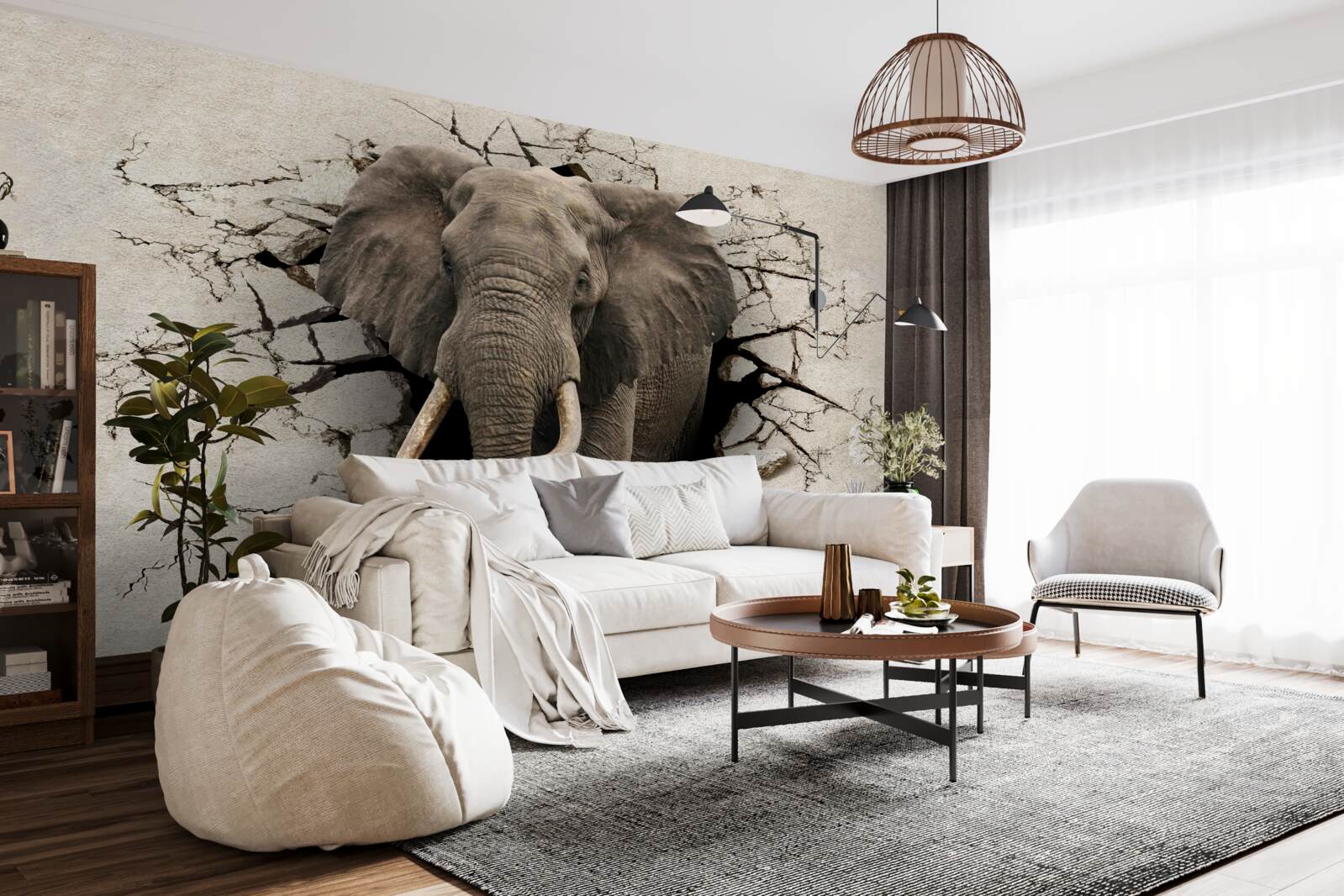 Фотошпалери сильний слон руйнує сірий бар'єр