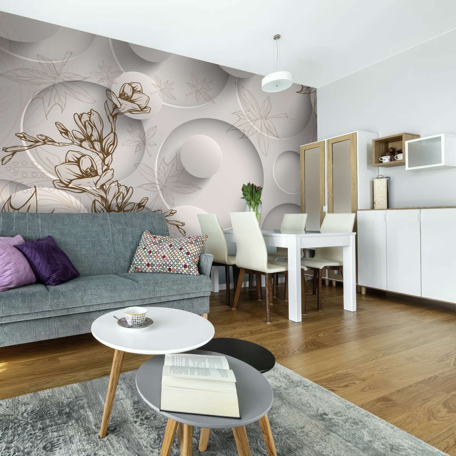 Фотошпалери дерева мають золоті гілки на тлі круглих форм