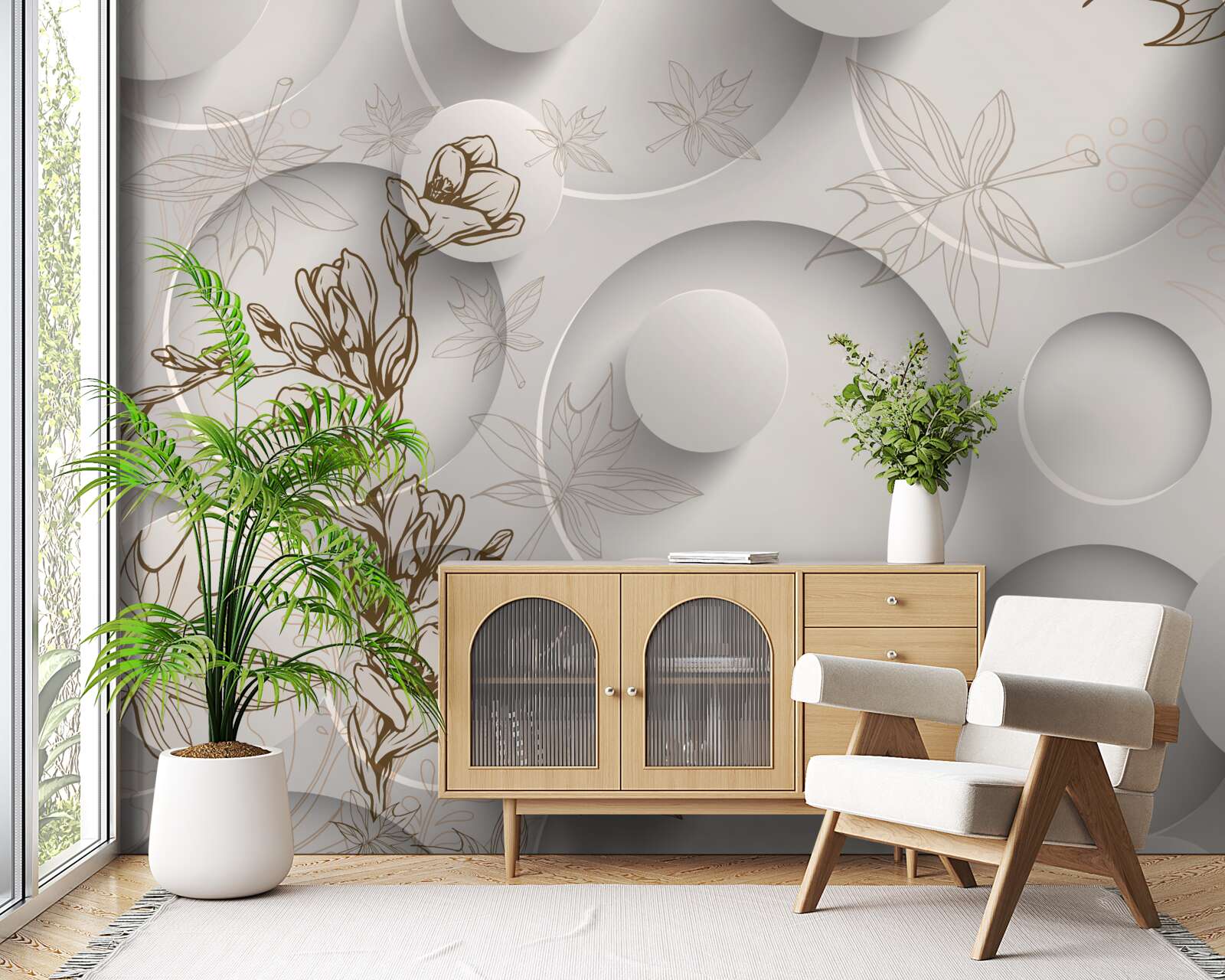 Фотошпалери дерева мають золоті гілки на тлі круглих форм