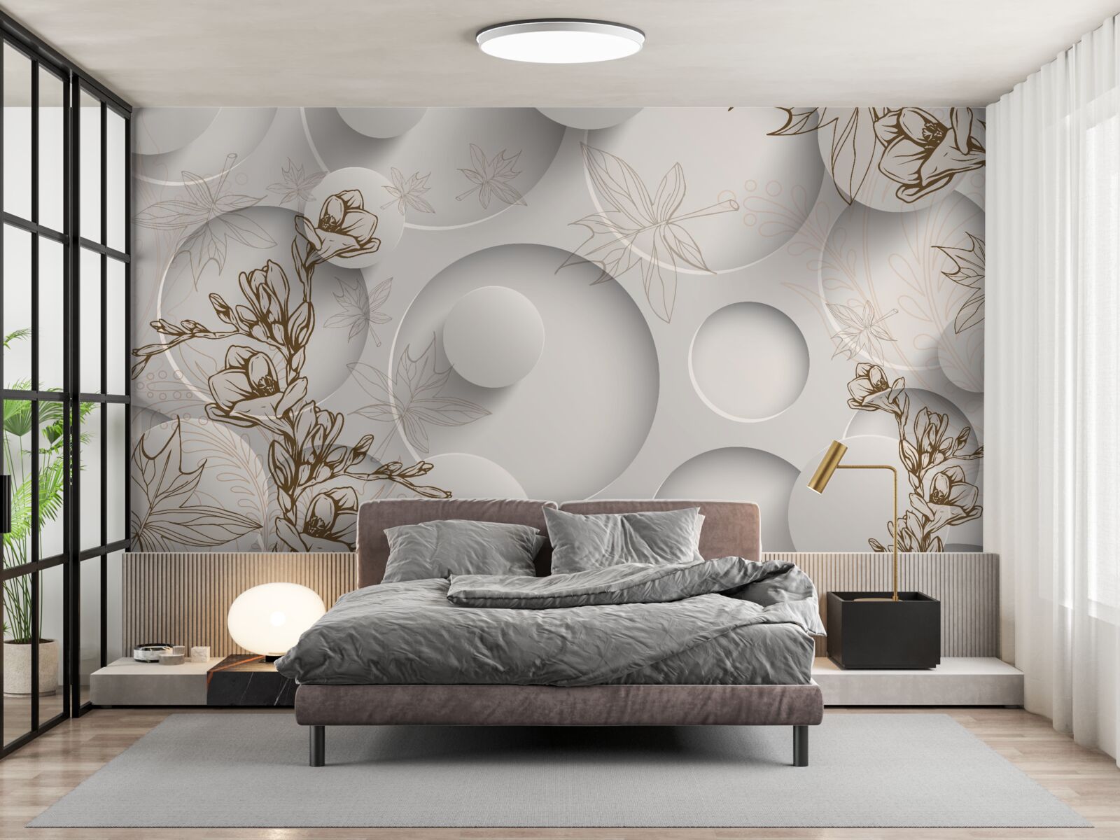 Фотошпалери дерева мають золоті гілки на тлі круглих форм