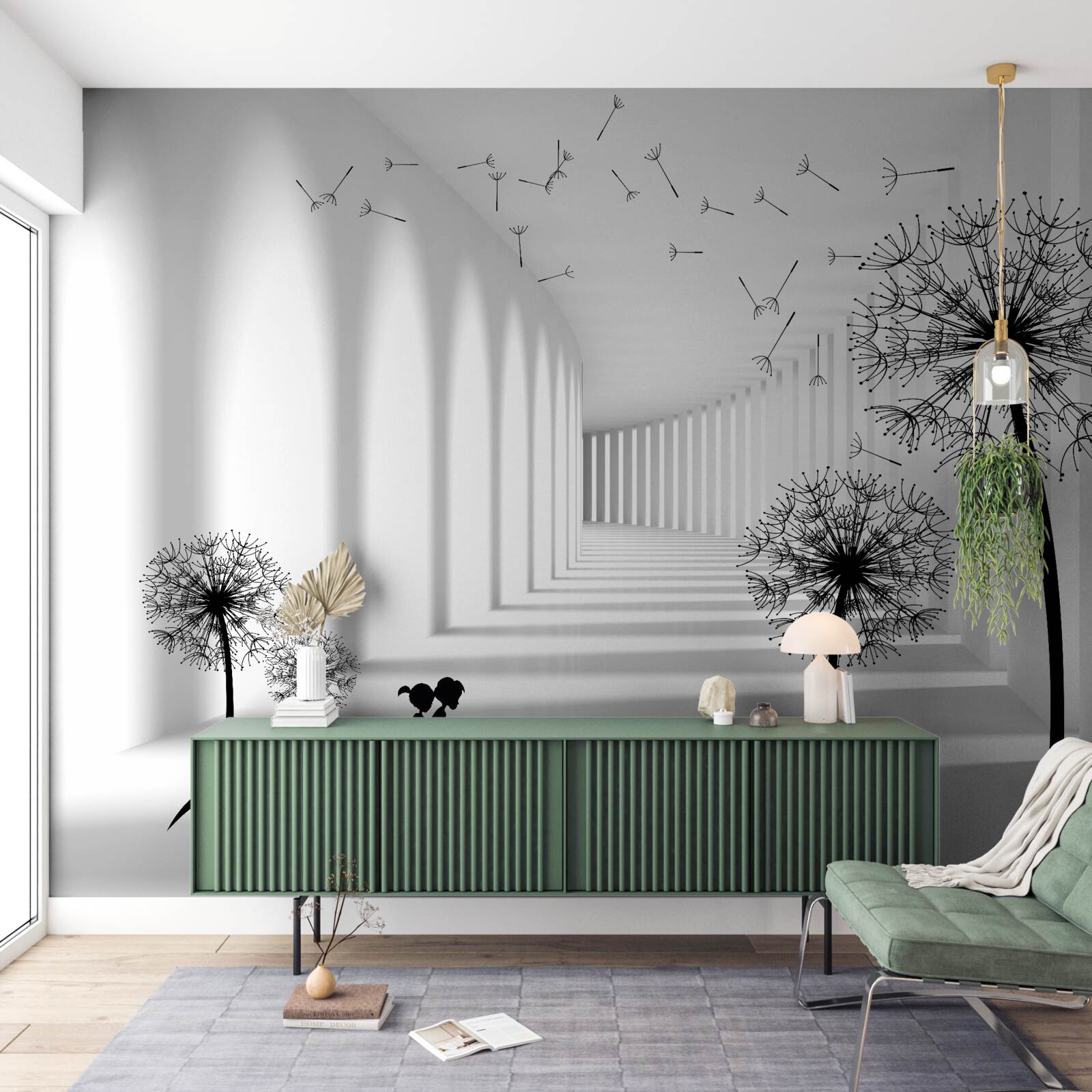 Фотошпалери кульбаби, підхоплені вітром, падають