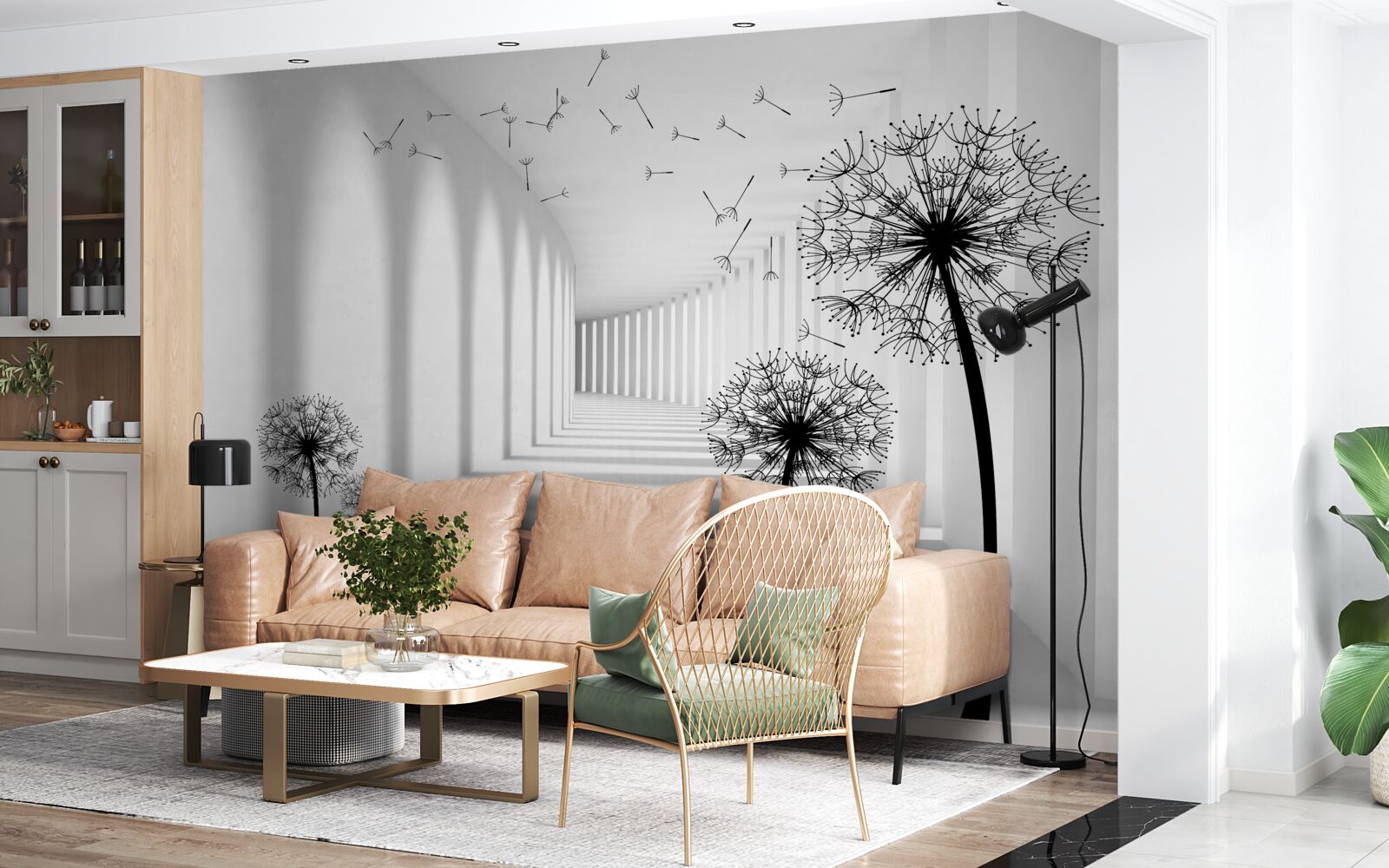 Фотошпалери кульбаби, підхоплені вітром, падають