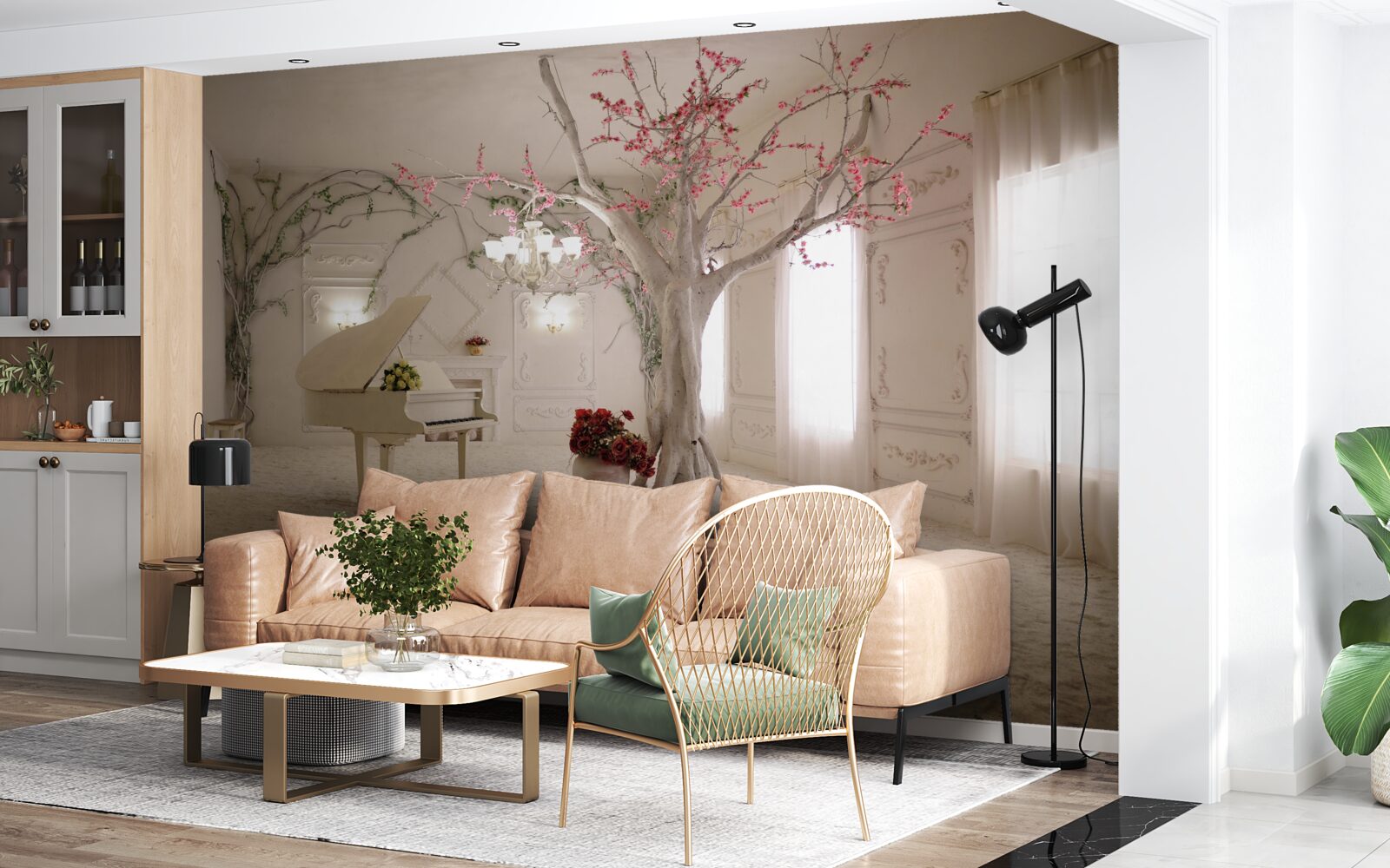 Фотошпалери посередині кімнати стоїть піаніно і дерево