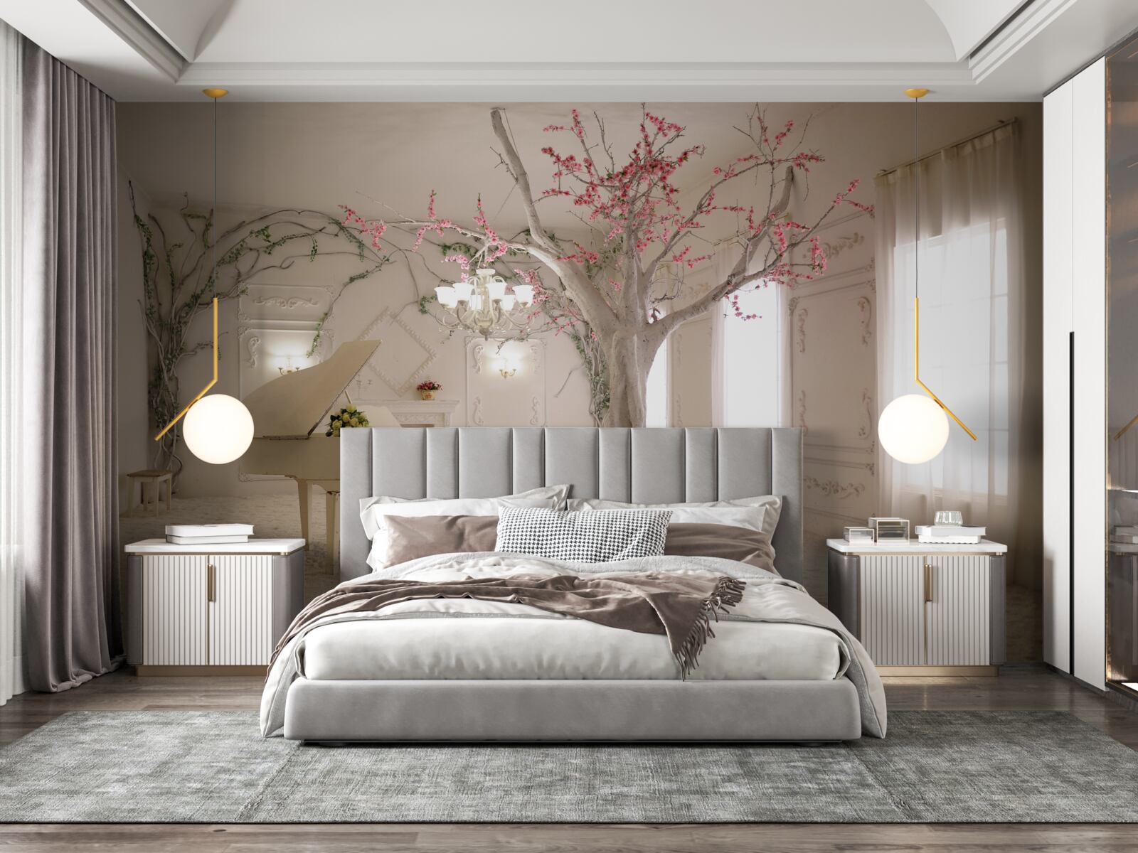 Фотошпалери посередині кімнати стоїть піаніно і дерево