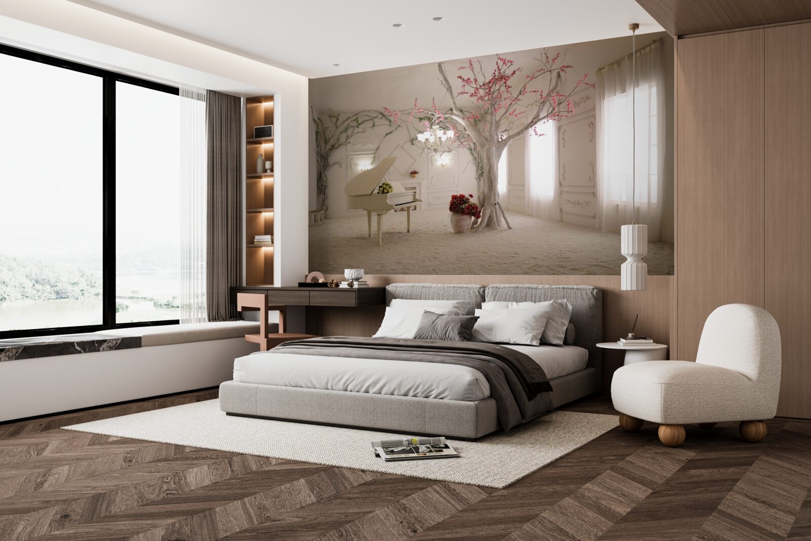 Фотошпалери посередині кімнати стоїть піаніно і дерево