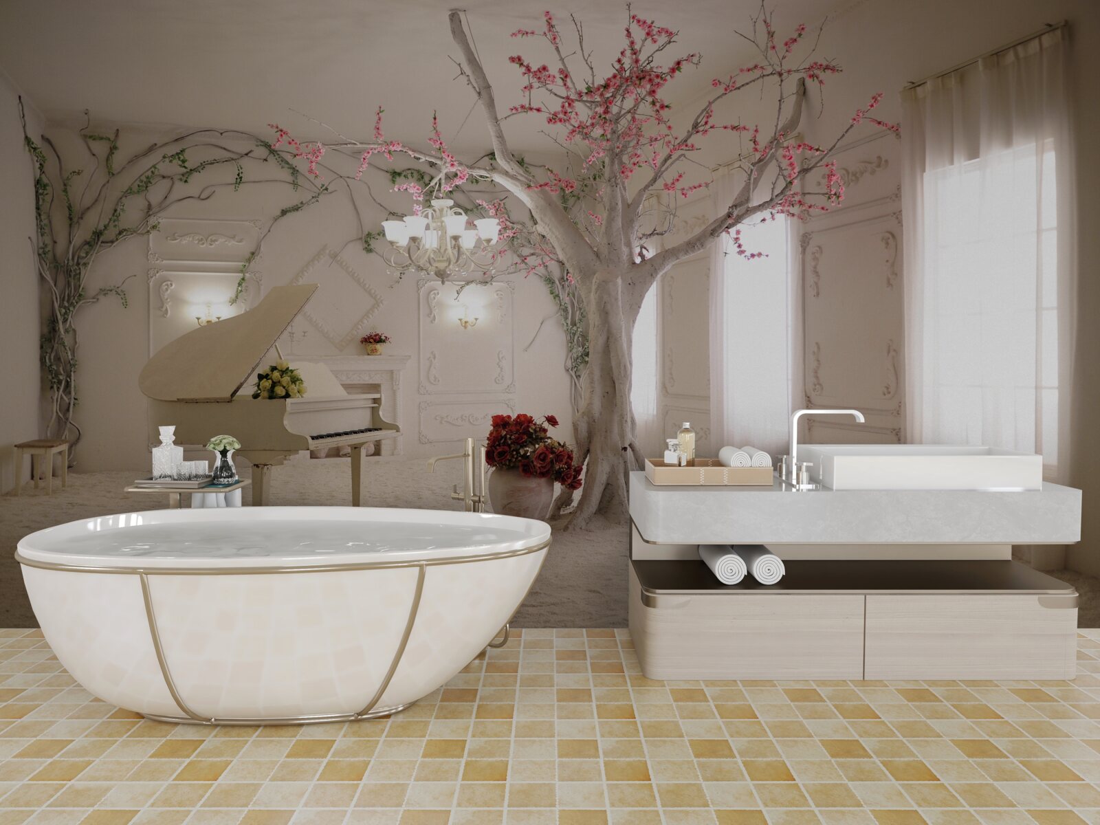 Фотошпалери посередині кімнати стоїть піаніно і дерево