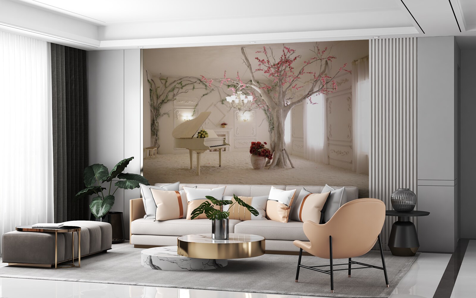 Фотошпалери посередині кімнати стоїть піаніно і дерево