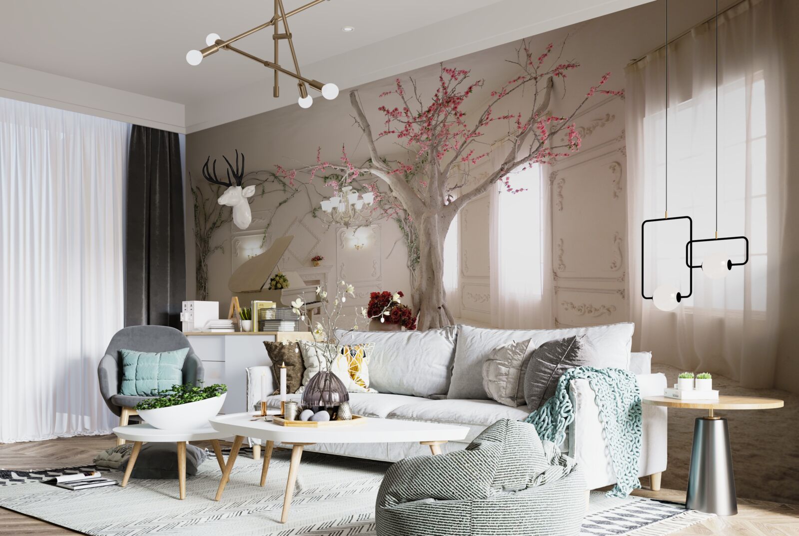 Фотошпалери посередині кімнати стоїть піаніно і дерево