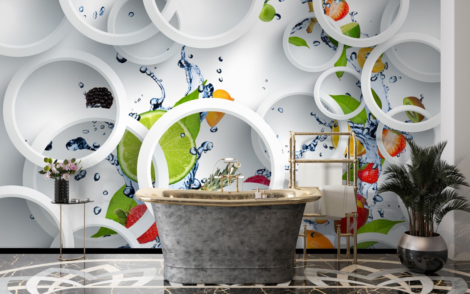 Фотошпалери круглі краплі води на літніх фруктах