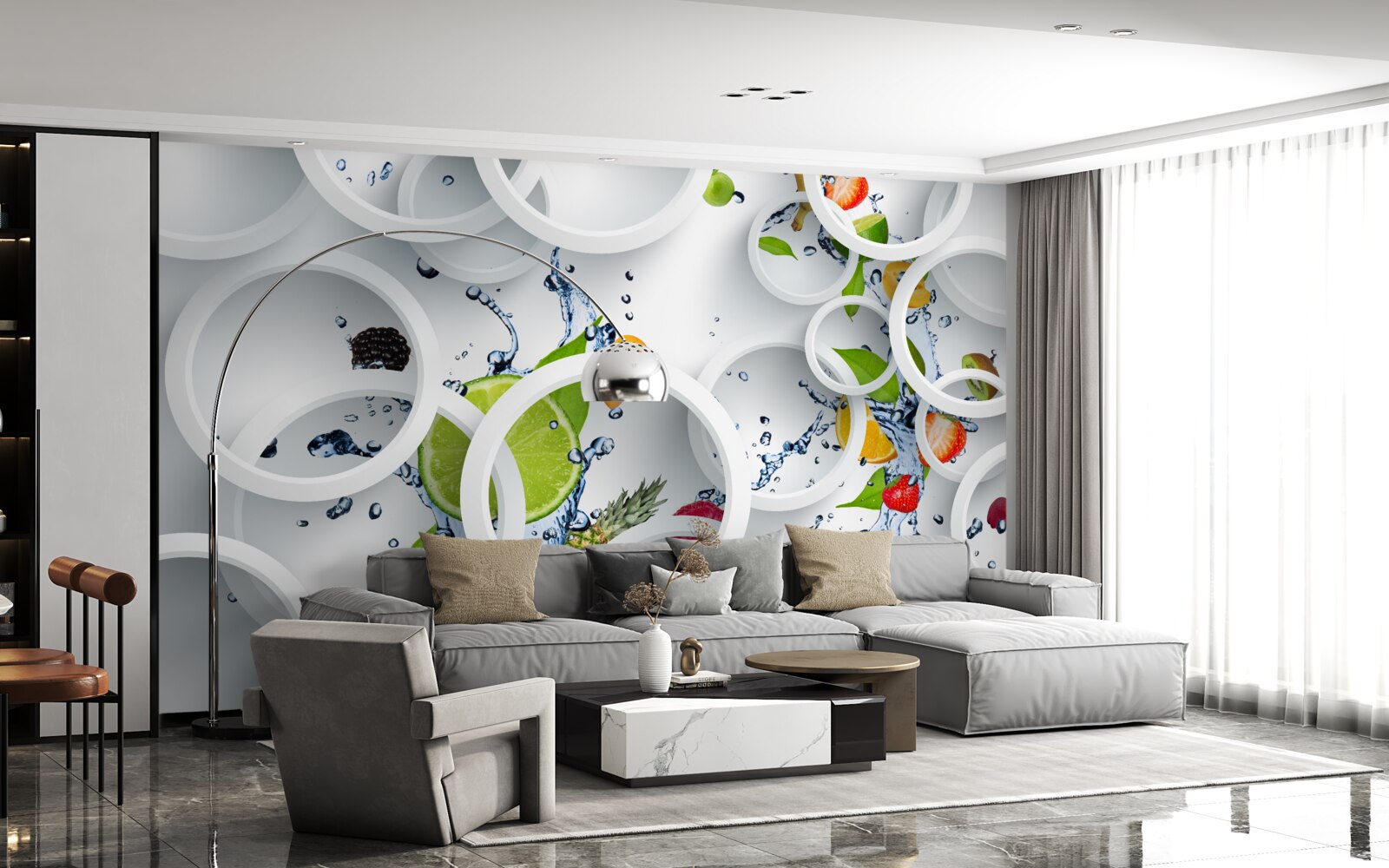 Фотошпалери круглі краплі води на літніх фруктах