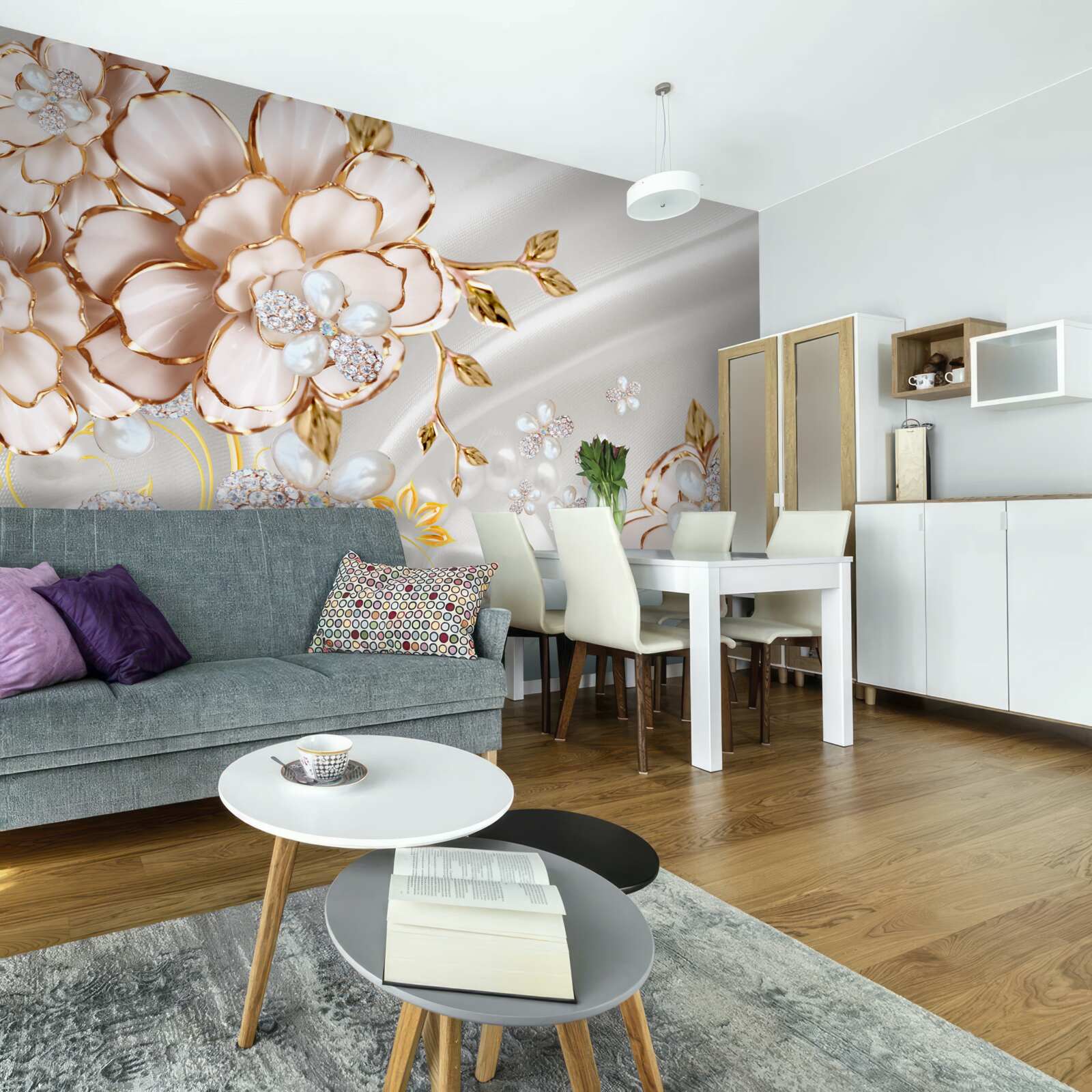 Фотошпалери півонії, інкрустовані перлами в золотистих відтінках