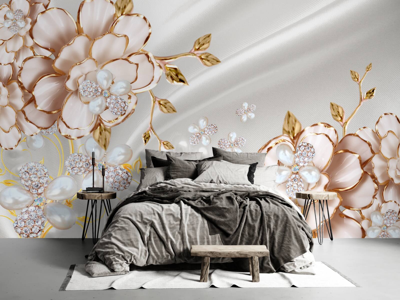 Фотошпалери півонії, інкрустовані перлами в золотистих відтінках