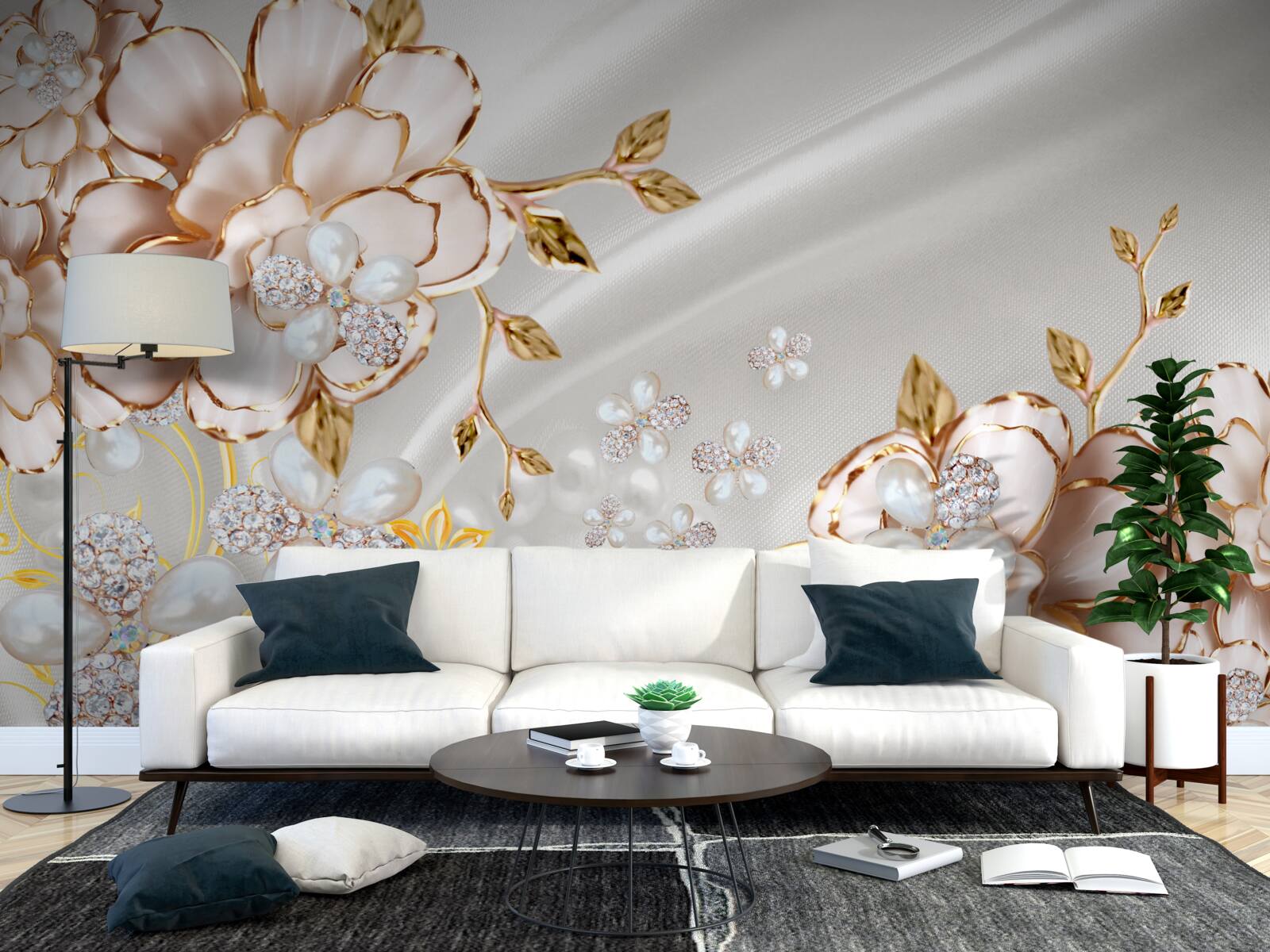 Фотошпалери півонії, інкрустовані перлами в золотистих відтінках