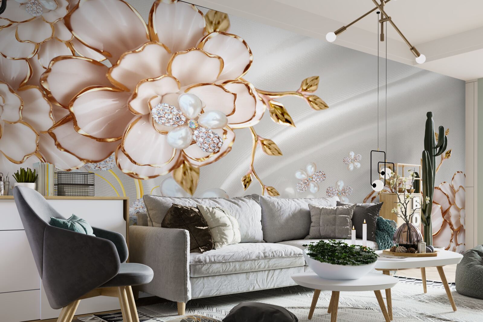 Фотошпалери півонії, інкрустовані перлами в золотистих відтінках